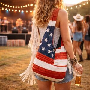 Crossbody Hobo Bag American Flag Patriotic Shredded Distressed Cotton Zip Purse